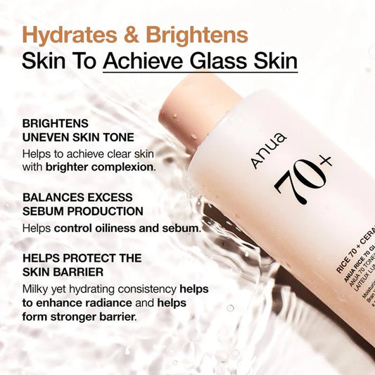 Anua Rice 70 Glow Milky Toner With 70% Rice Water & Ceramide - Hydrating Brightening Facial Toner For Glass Skin & Sebum Control